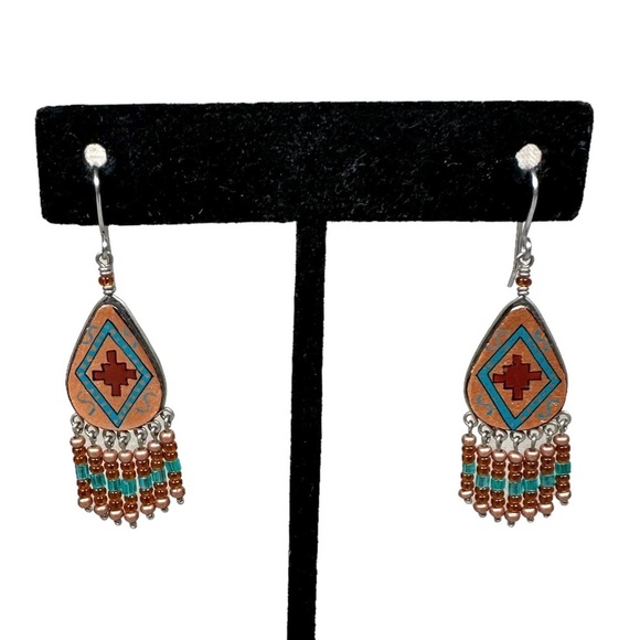 Handmade Beaded Southwest Native American Wired Ceramic Drop Earrings - Picture 1 of 4